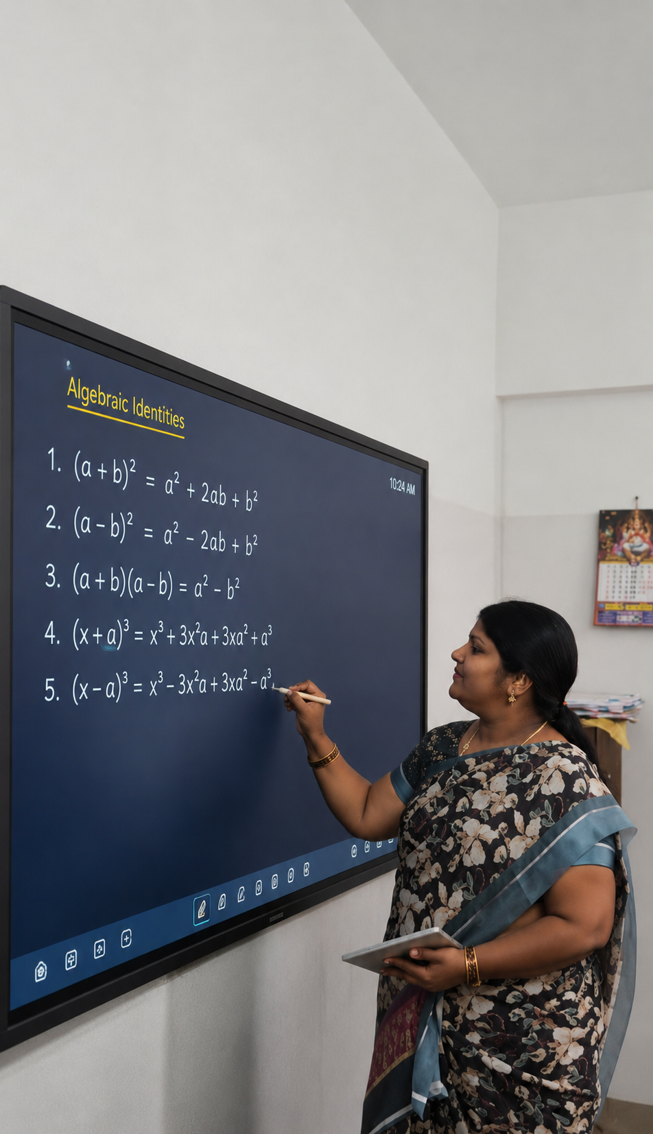 Teacher explaining algebraic identities on a smart board